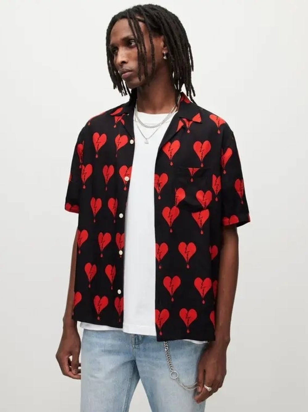 AllSaints Break Up Heart Print Shirt Mens XL Relaxed Fit Viscose Camp Button Up
